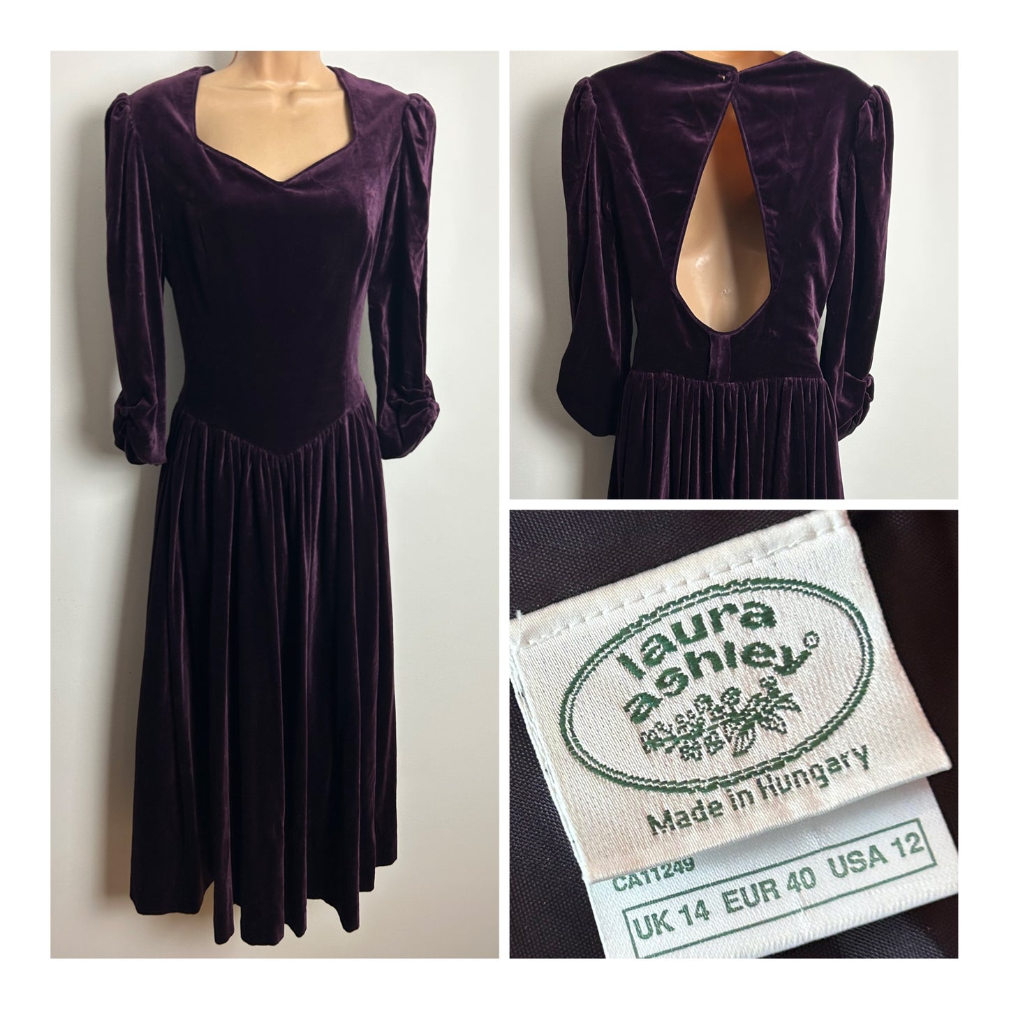 Vintage 1980s LAURA ASHLEY Made In Hungary Size 10 (14 On Label) Plum Purple Velvet Midi Dress