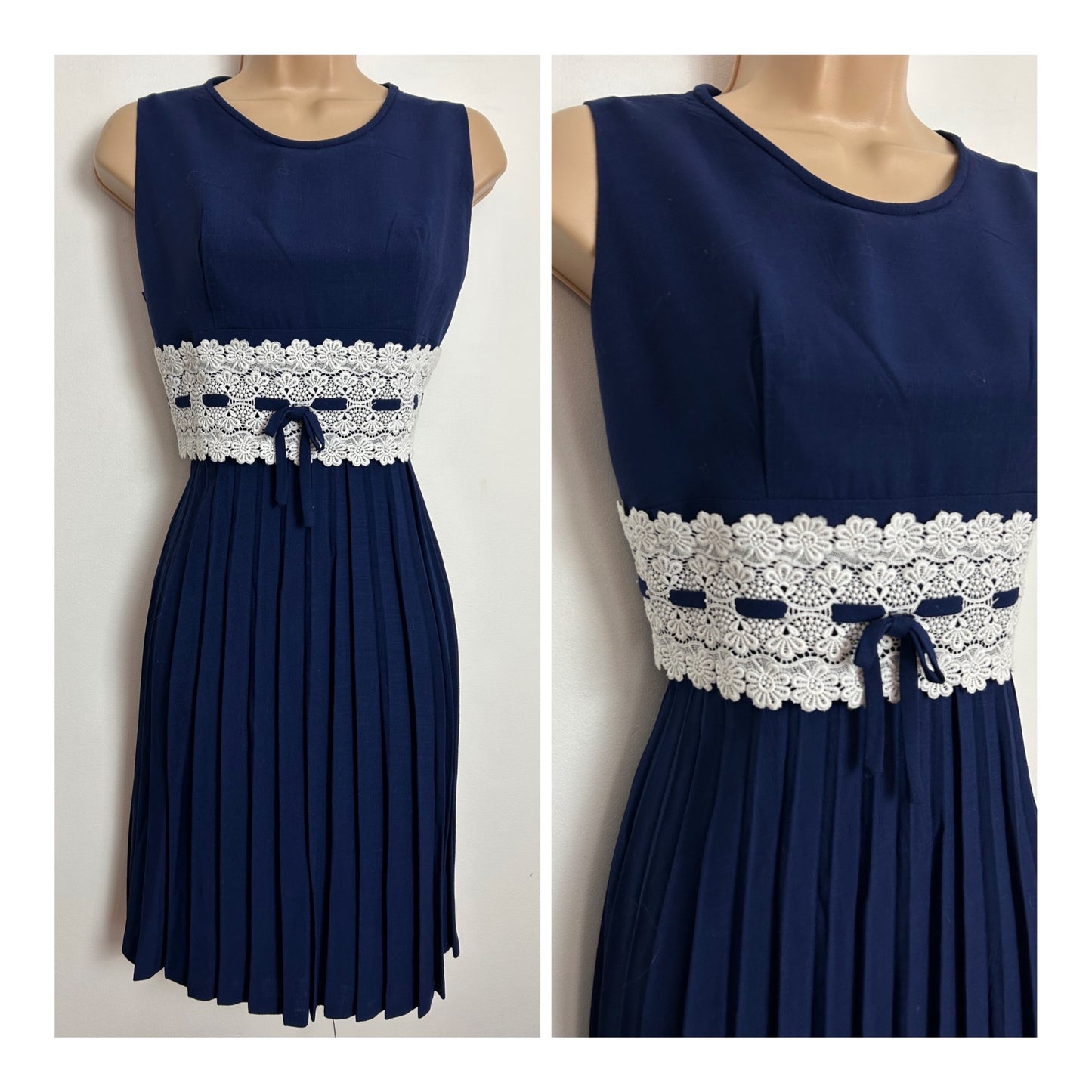 Vintage Early 1960s UK Size 10 Navy Blue & White Guipure Lace Sleeveless Pleated Bow Detail Dress