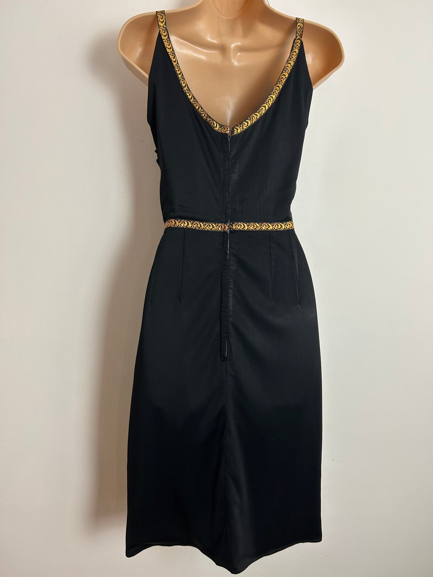 Vintage Early 1960s BLANES LONDON UK Size 6 Black & Metallic Gold Braid Trim Ruched Bust Little Black Party Dress