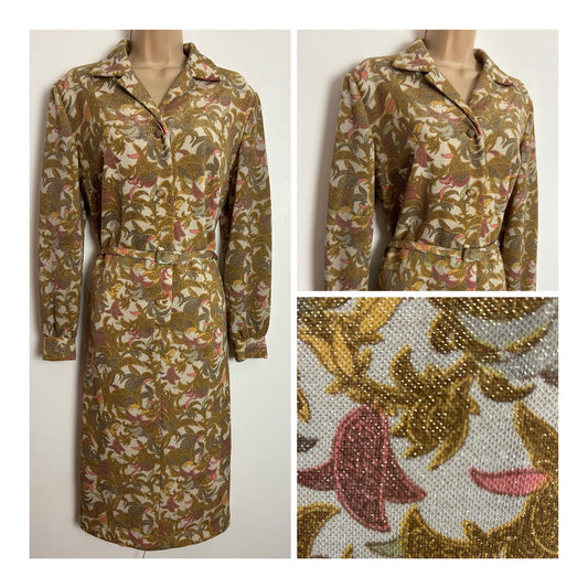 Vintage 1970s UK Size 16 Winter White Brown & Pink Lurex Floral Leaf Print Long Sleeve Belted Occasion Dress