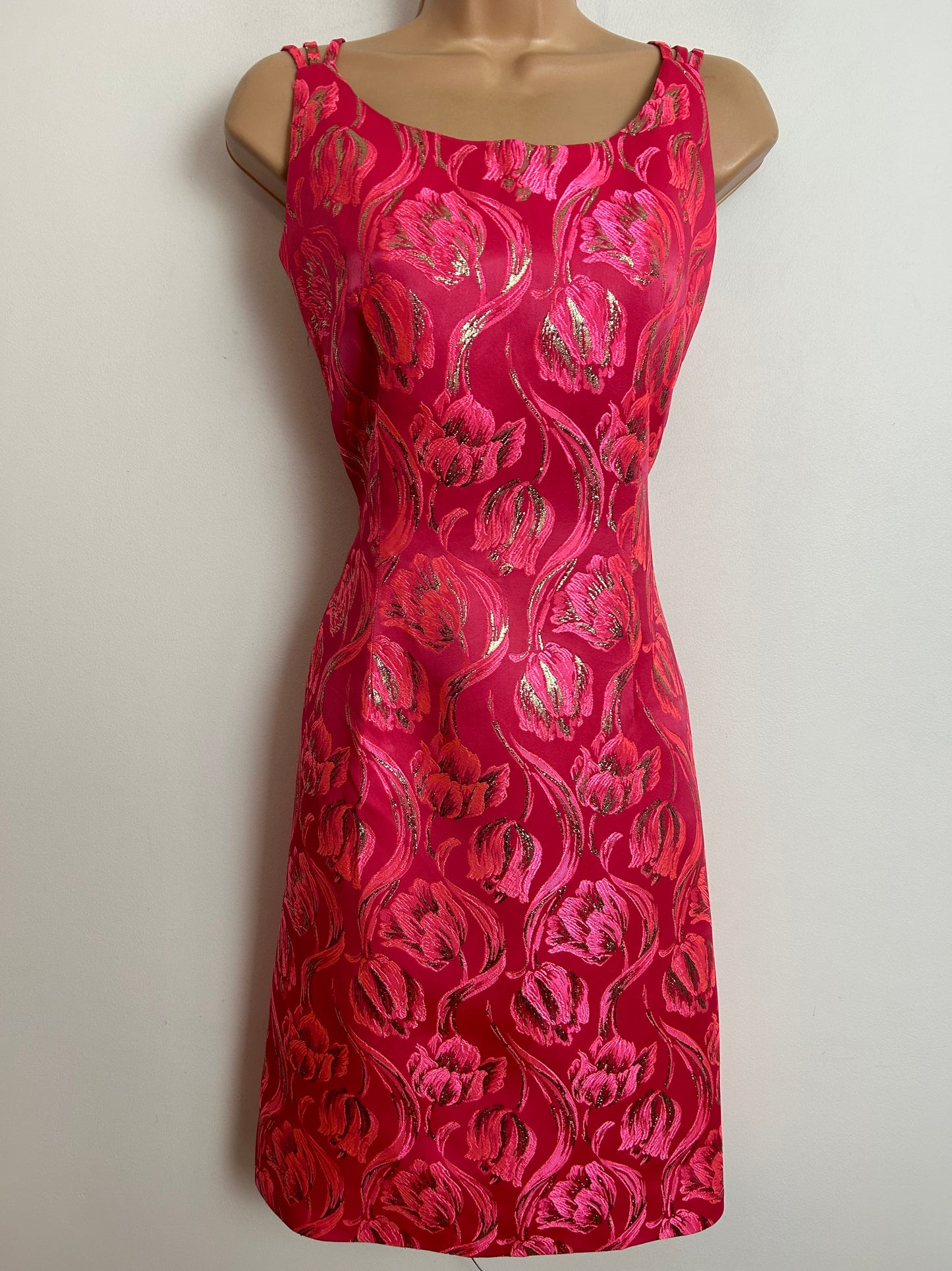 Vintage 1960s DALEWEAR UK Size 10 Hot Pink & Metallic Gold Brocade Satin Triple Strap Mod Occasion Party  Shift Dress