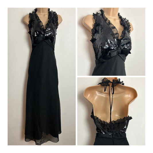 Vintage 1970s RADTKE UK Size 10 Gorgeous Black Sequin Detail Halterneck Occasion Evening Maxi Dress