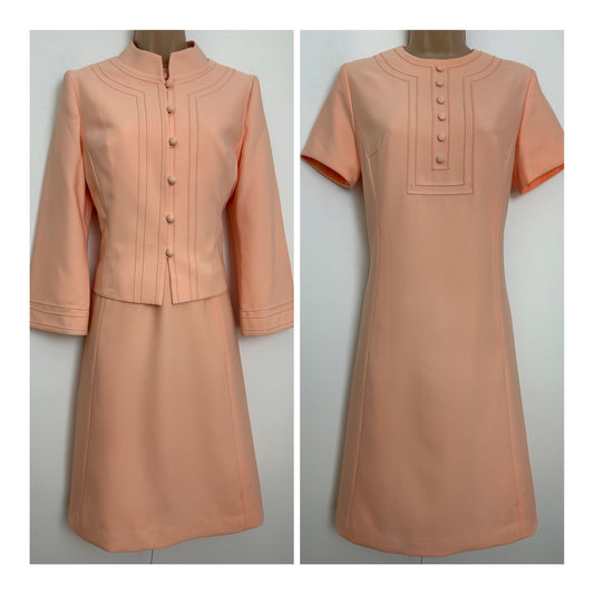 Vintage 1960s PEGGY FRENCH COUTURE Size 10 Peach Pintuck Pleat Detail Mod Dress & Matching Jacket
