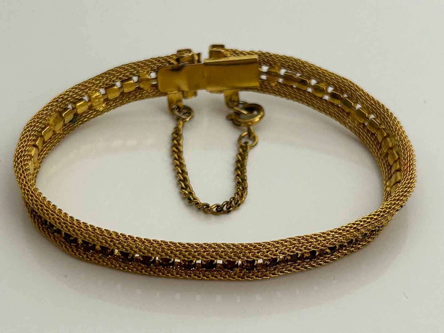 Vintage 1960s Gold Tone Fine Mesh Amber Colour Stone Set Bracelet