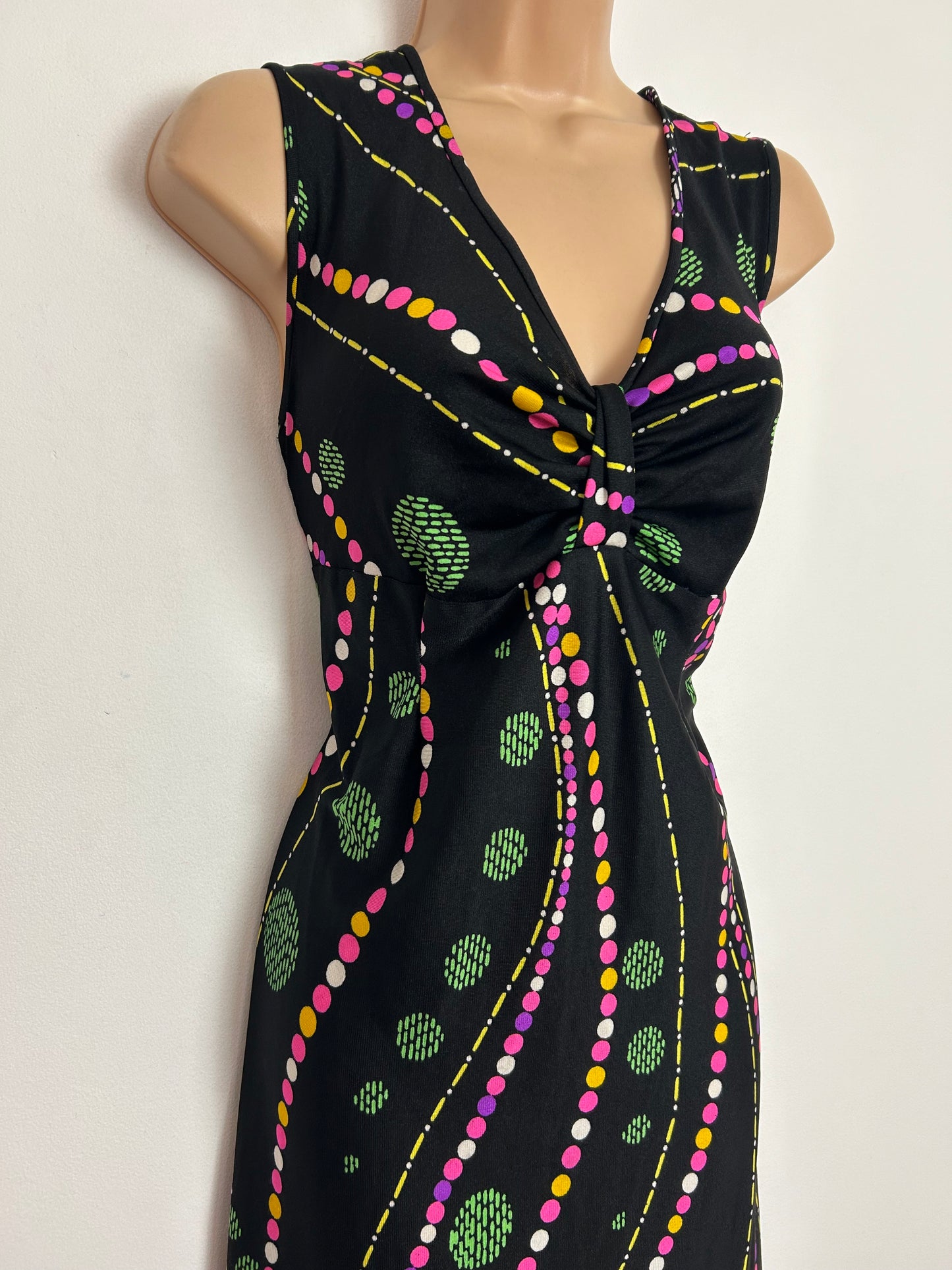 Vintage 1970s UK Size 12 Black Pink Green & Purple Abstract Print Sleeveless Maxi Dress