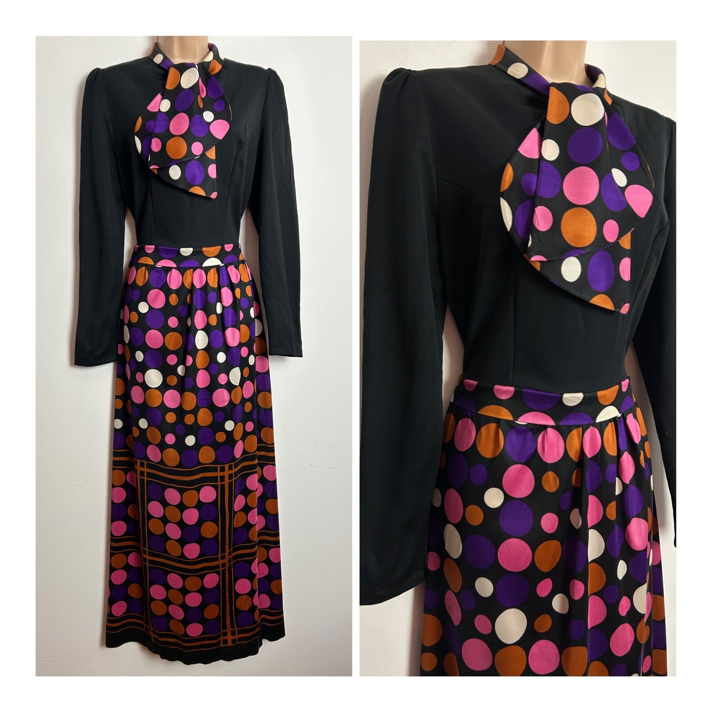 Vintage 1970s THE SWITCH BY MARTIN EMPREX UK Size 10-12 Black Pink Purple & Rust Spot Print Tie Neck Maxi Dress