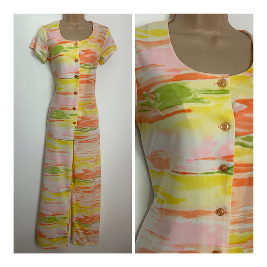 Vintage Late 70s/early 80s Size 10 Yellow Orange & Green Stripe Pattern Short Sleeve Wide Leg Jumpsuit
