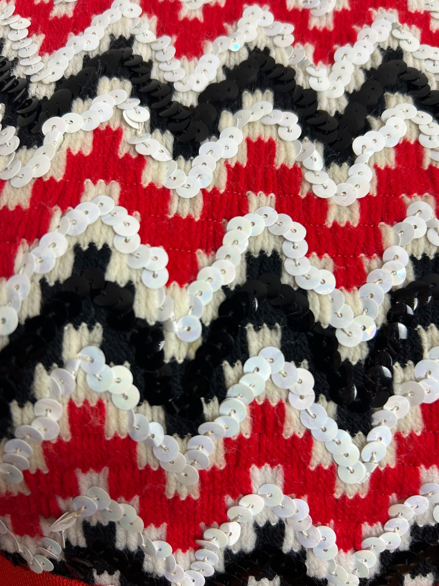 Vintage 1970s Size 8 Orangey Red White & Black Sequin Embellished Long Sleeve Evening Maxi Dress