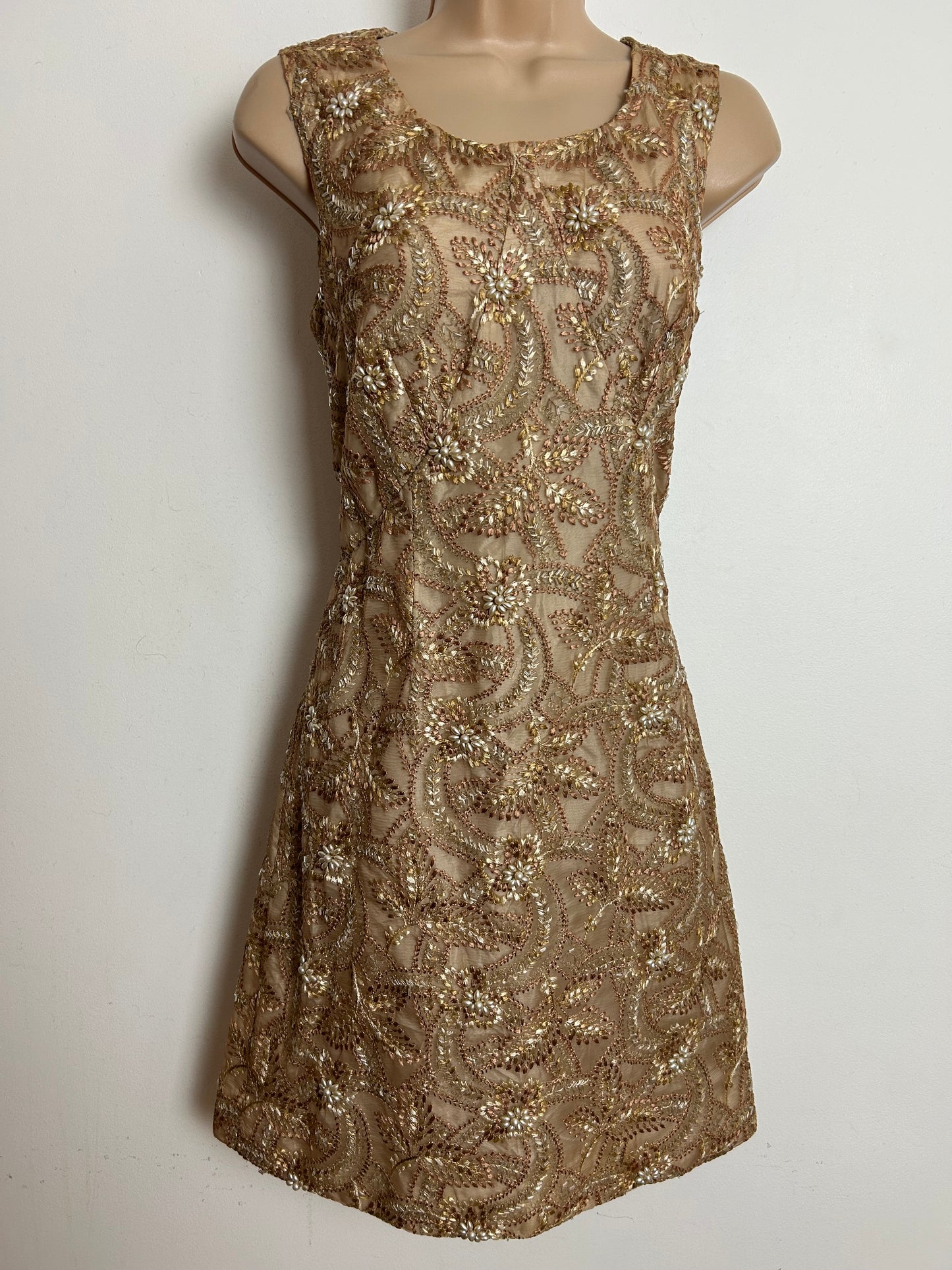 Vintage 1960s Size 6-8 Beige Silver & Gold Embroidered Bead Detail Evening Party Dress