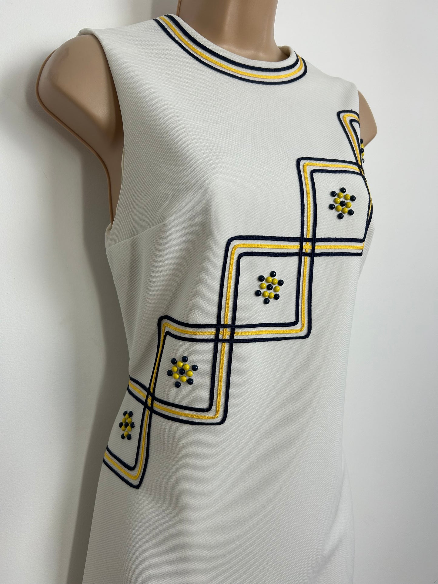 Vintage 1960s Size 8 White Navy Blue & Yellow Braid & Bead Embellishment Mini Mod Scooter Shift Dress