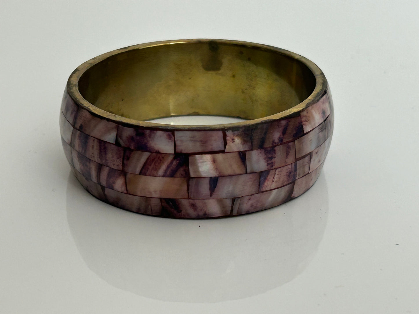 Vintage 1980s Gorgeous Brass With Pink Mother Of Pearl Set Wide Bangle