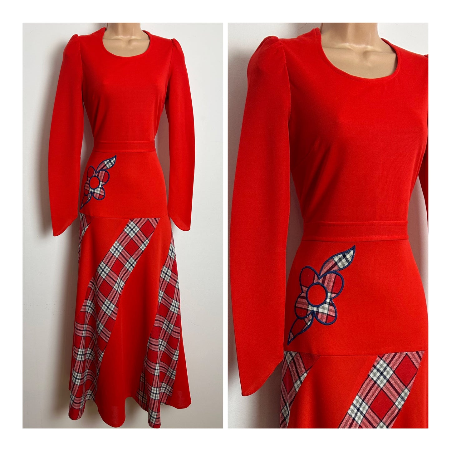 Vintage 1970s Size 8 Red Tartan Check Panels Applique Detail Long Sleeve Maxi Dress