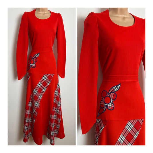 Vintage 1970s Size 8 Red Tartan Check Panels Applique Detail Long Sleeve Maxi Dress