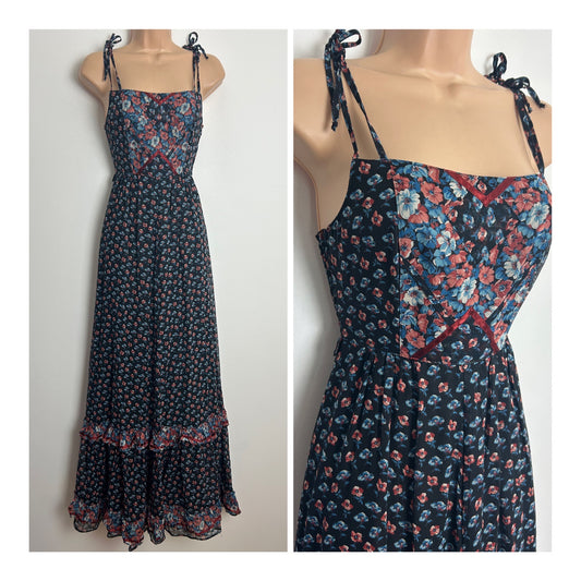 Vintage 1970s ELKONT Size 6-8 Black Brown & Blue Floral Print Tie Strap Cotton Summer Maxi Dress