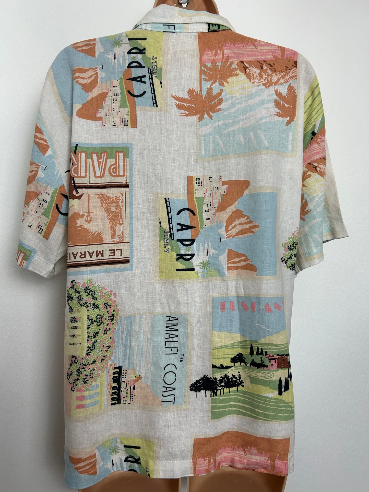 Vintage 1980s Size 12-14 Oversized White Italian & French Postcard Novelty Print Cotton Shirt