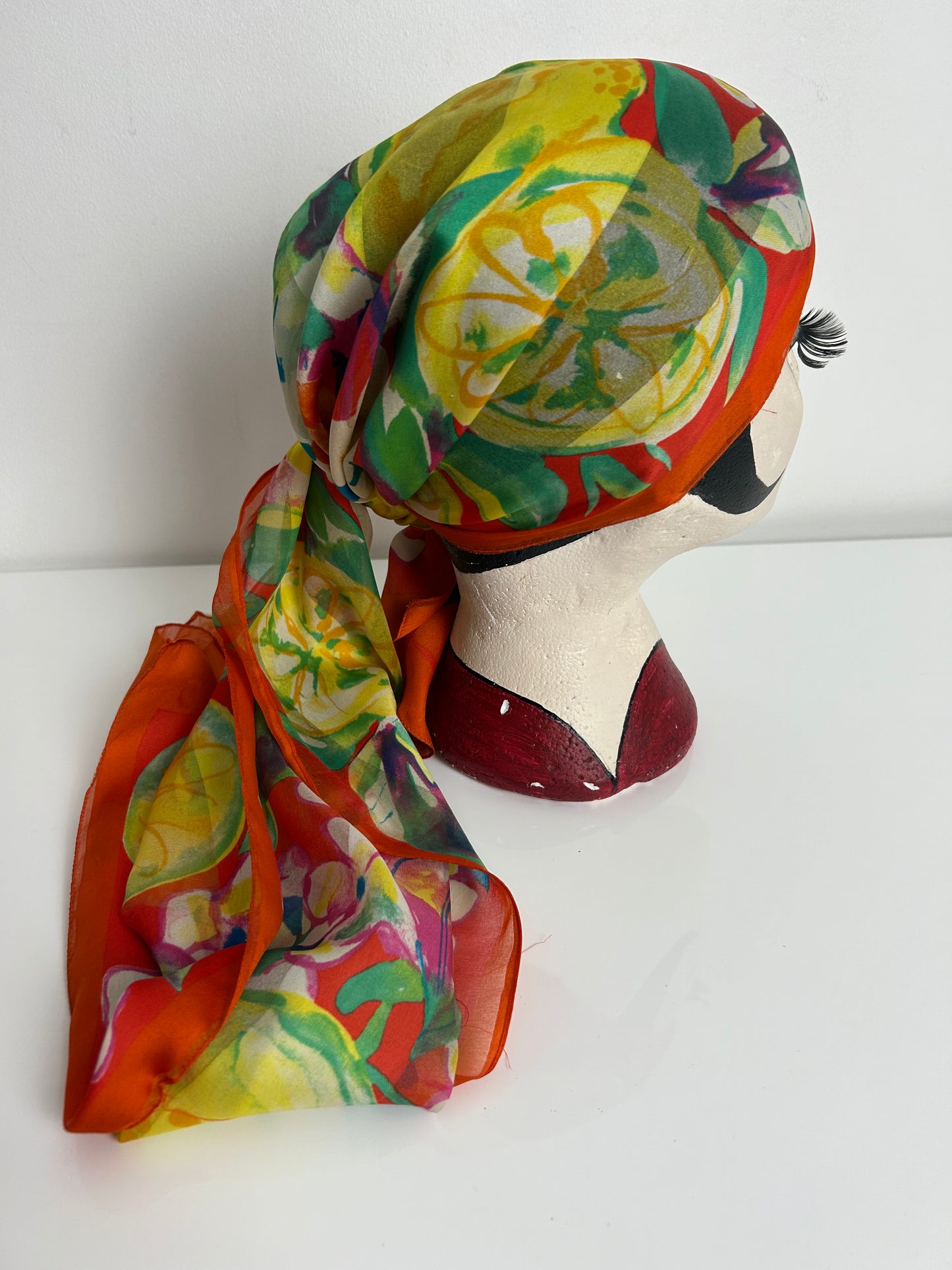 Vintage C&A Orange Yellow & Green Floral & Lemons Print Long Chiffon Scarf 154cm x 41cm
