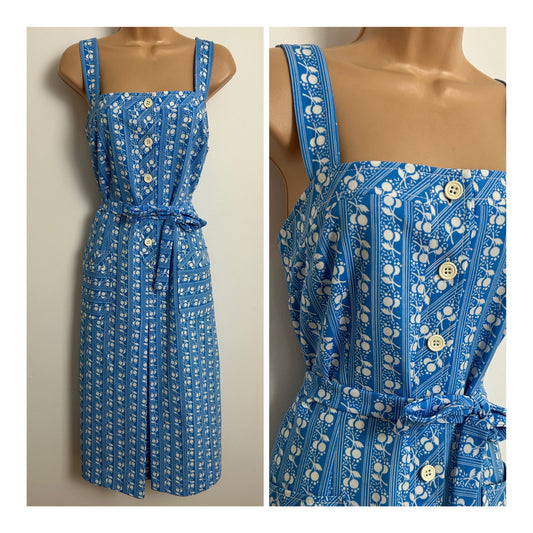 Vintage 1970s Size 12-14 Blue & White Cherry & Stripe Print Belted Pocket Detail Day Dress