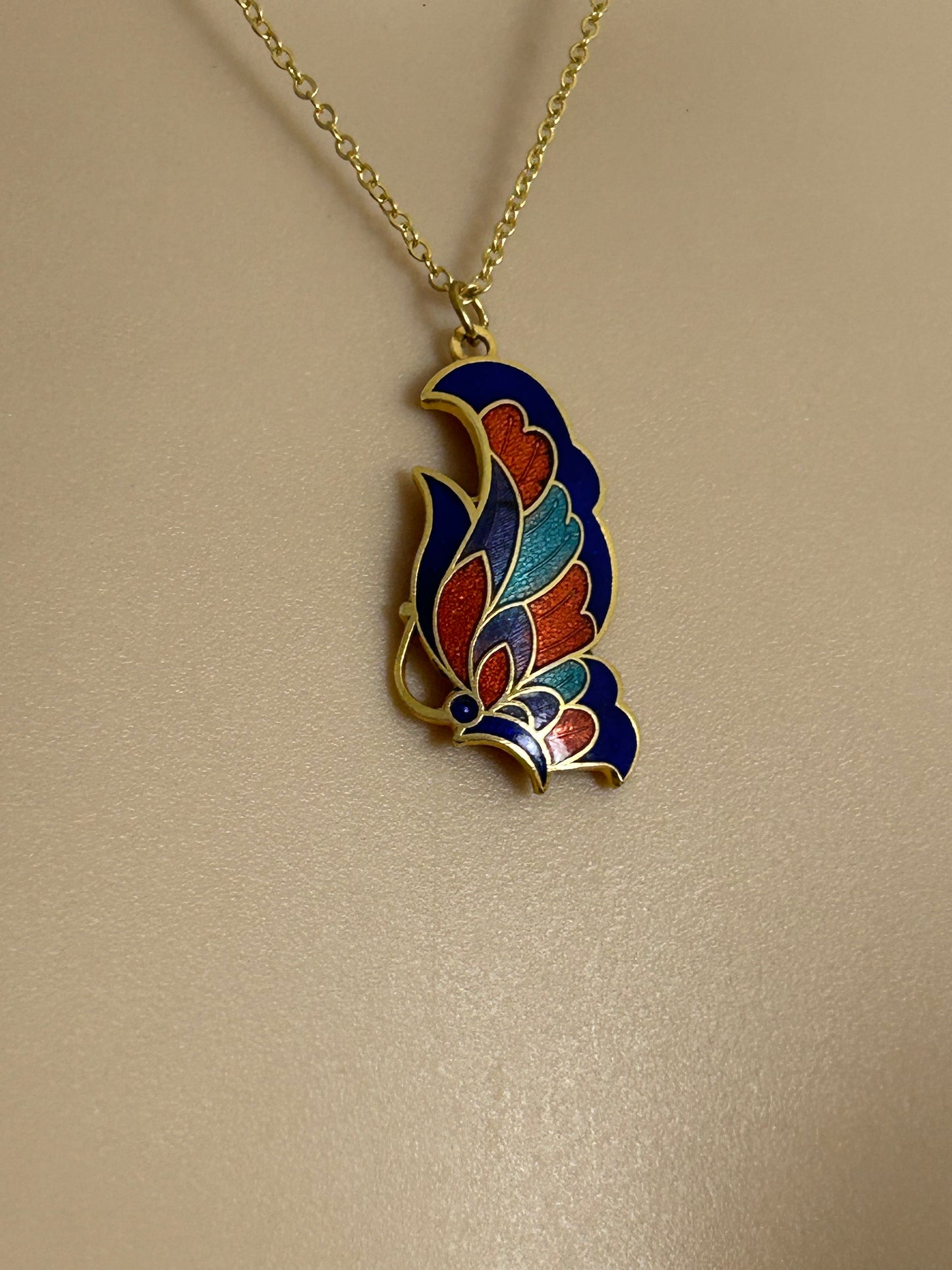Vintage Gold Tone Cloisonne Enamel Butterfly Pendant & Necklace