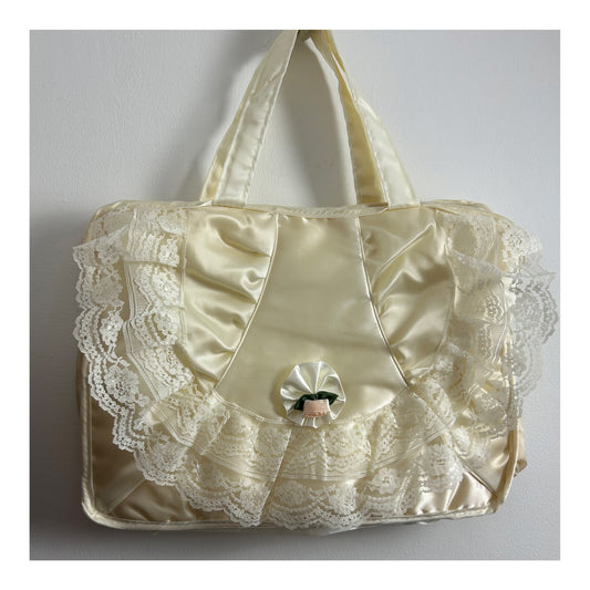 Vintage 1960s Never Used Cream Satin Lace & Floral Applique Lingerie Negligee Travel Bag