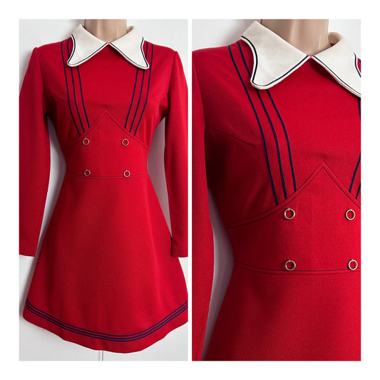 Vintage 1960s UK Size 8 Cute Red Beagle Collar Long Sleeve Mini Mod Dress