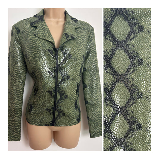 Vintage 1990s SELENE SPORT Size S (UK 10) Green Snake Skin Print  Embossed Wet Look Zip Up Jacket