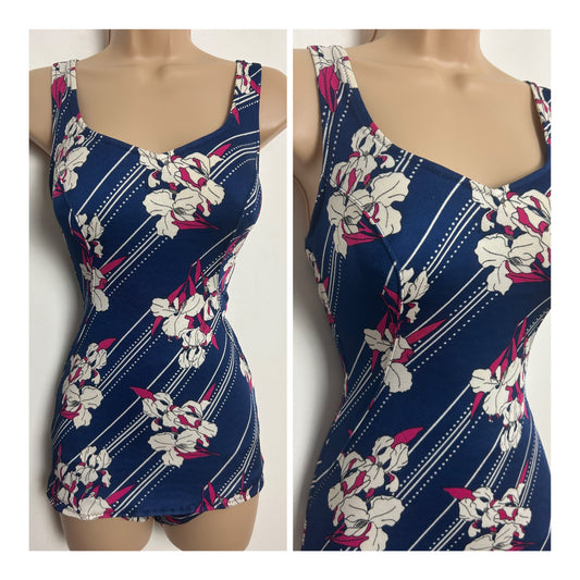 Vintage 1960s Size 16 Navy Blue White & Pink Floral & Stripe Print Moulded Skirted Swimsuit