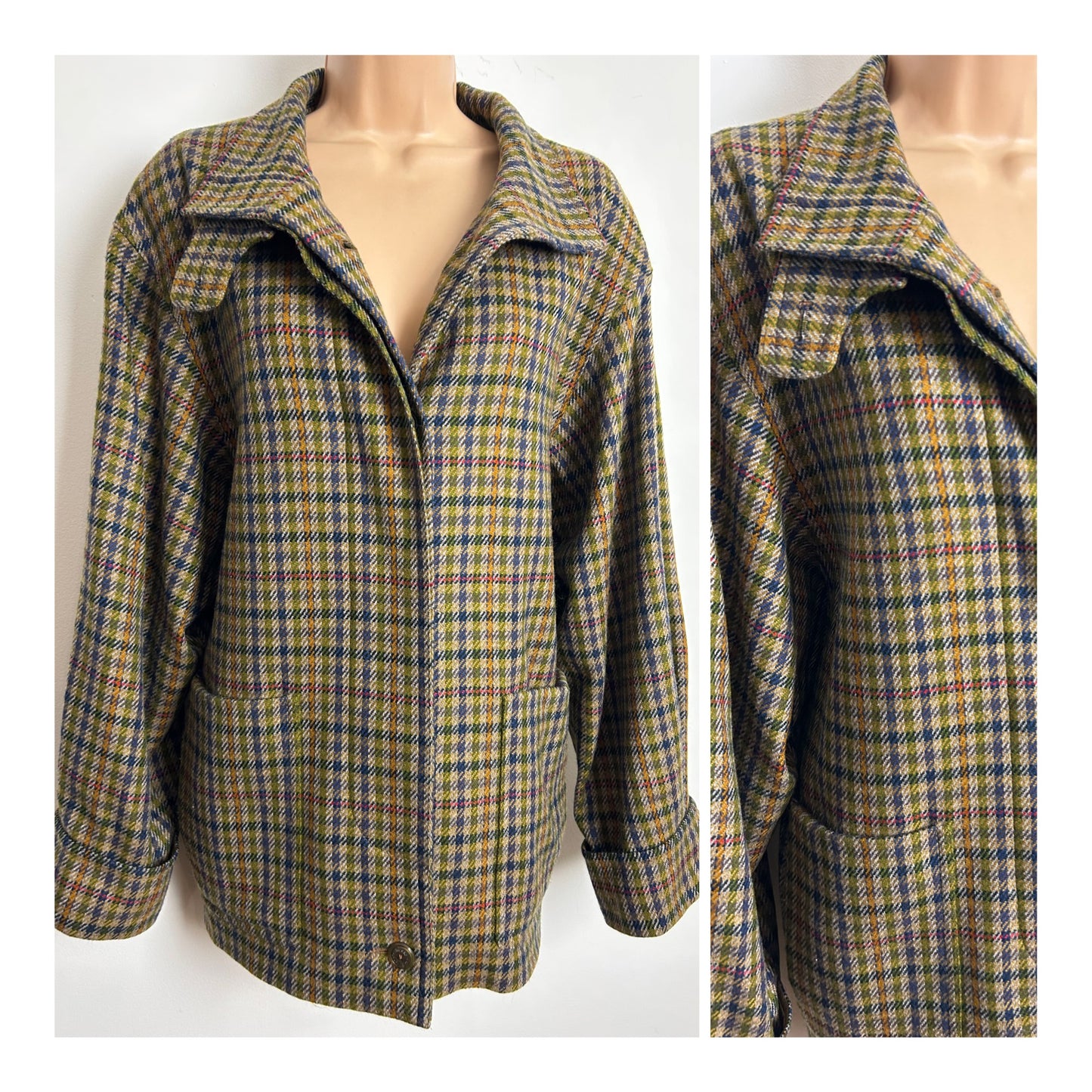 Vintage 1980s Size 14-16 Brown Dogtooth Check Wool Mix Fully Lined Jacket