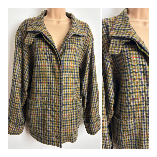 Vintage 1980s Size 14-16 Brown Dogtooth Check Wool Mix Fully Lined Jacket
