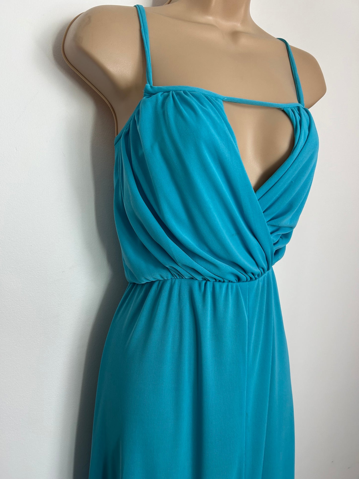 Vintage 1970s Size 12-14 MR DARREN Turquoise Cut Out Panel Strappy Summer Occasion Maxi Dress