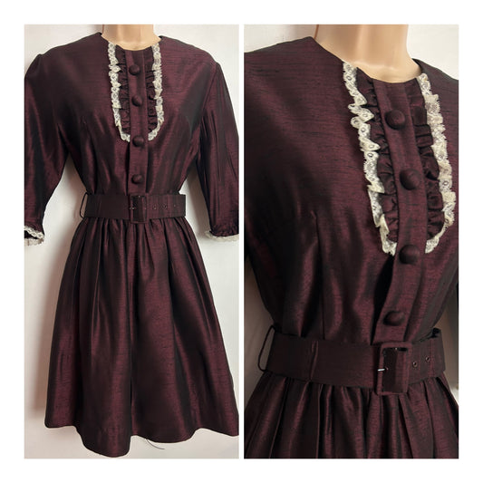 Vintage 1960s UK Size 8 Dark Plum Purple Lace Trim Belted Pleated Dress