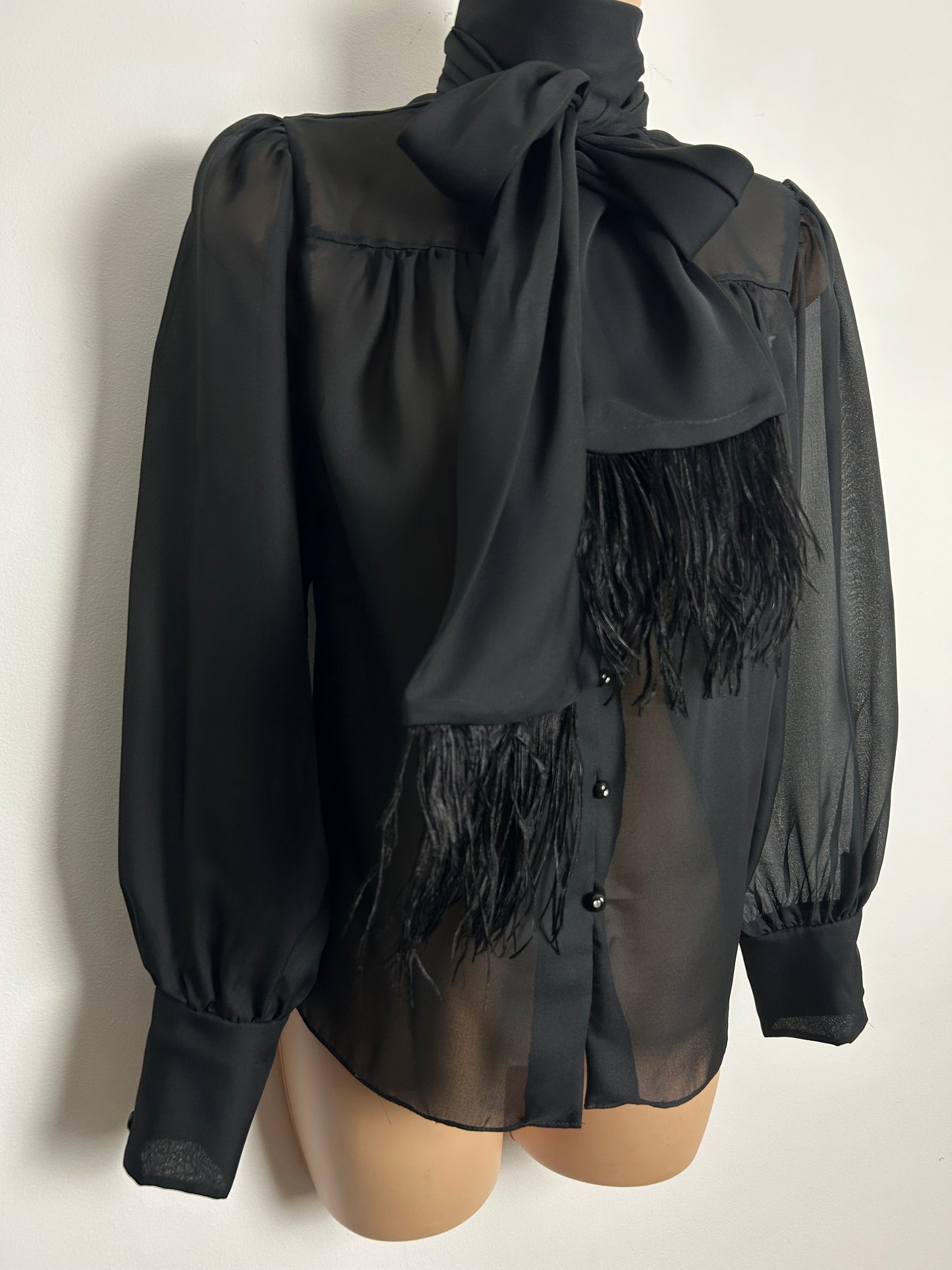 Vintage 1980s Size 12-14 Black Chiffon Semi Sheer Scarf Tie Neck Marabou Feather Trim Blouse