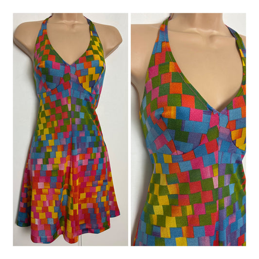 Vintage 1970s ORCHIDEE Size 10 Multicolour Check Print Halter Neck Summer Beach Dress