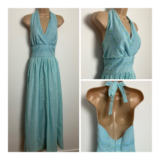 Vintage 1970s Size 12 Pale Blue & White Floral Embossed Pattern Cotton Mix Halter Neck Summer Maxi Dress