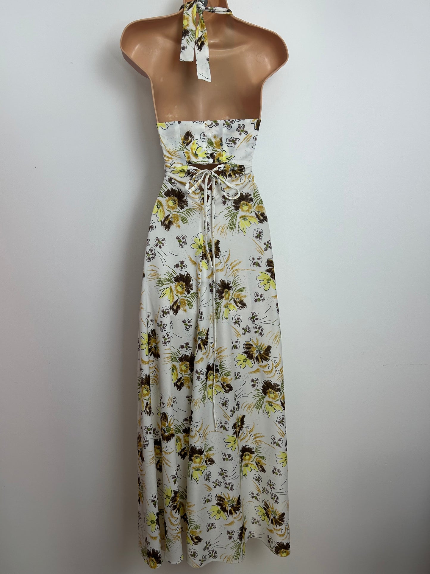 Vintage 1970s 10 White Brown & Yellow Floral Print Halter Neck Button & Lace Up Detail Maxi Dress