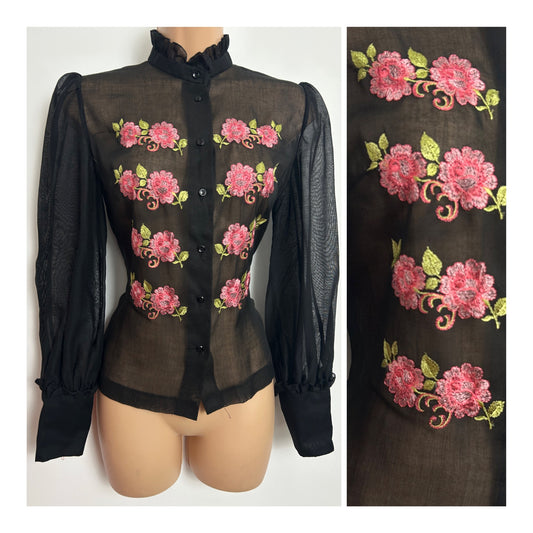 Vintage 1970s Size 8-10 Gorgeous Black & Pink Cotton Mix Floral Embroidered Long Sleeve Shirt