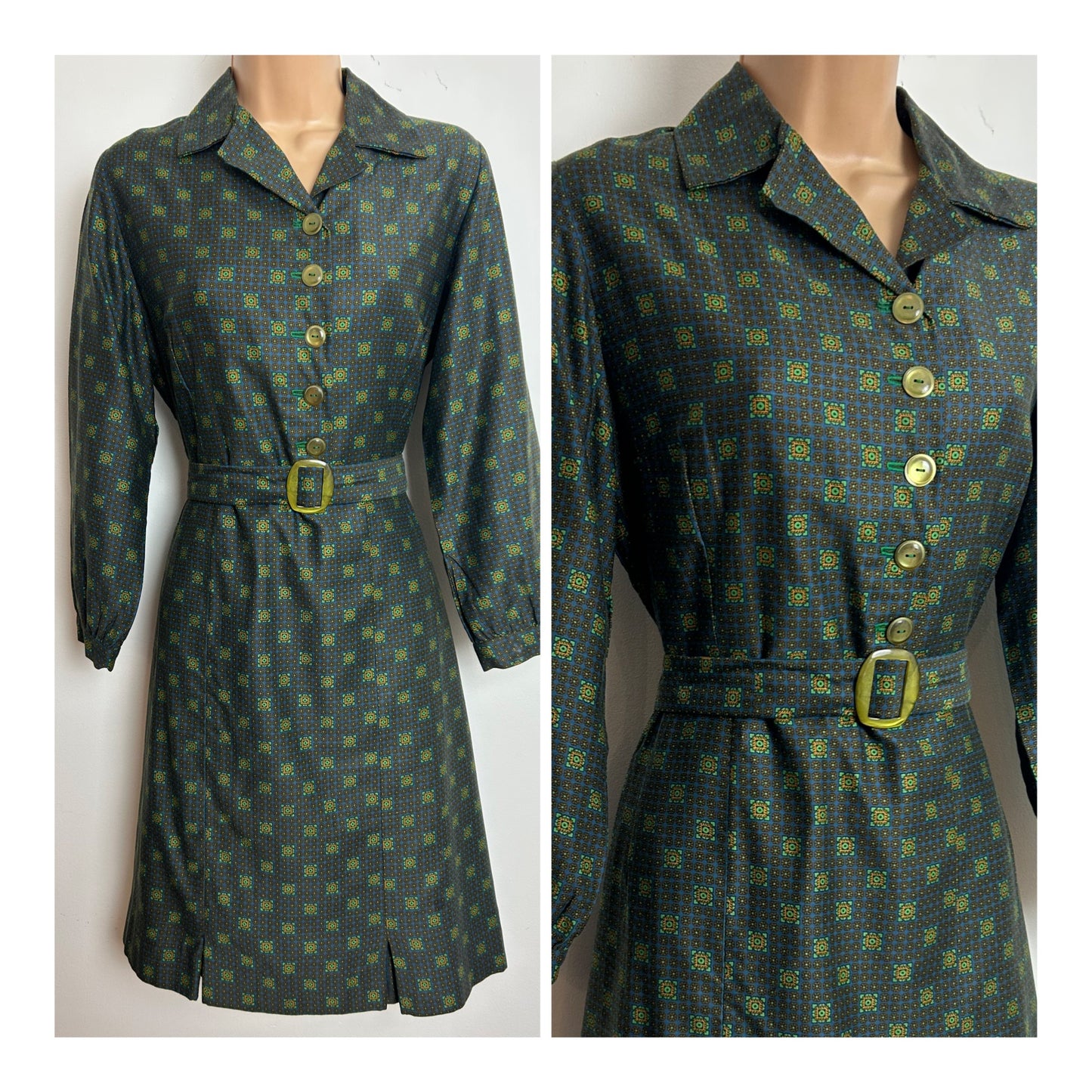 Vintage Late 1950s Size 14 Dark Green Tile Print Belted Cotton Pleat Detail Day Dress
