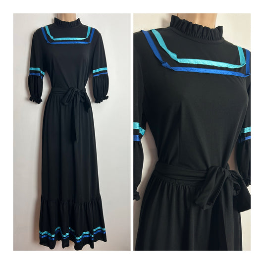 Vintage 1970s UK Size 14 Black Ribbon Trim Short Sleeve Belted Boho Prairie Maxi Dress