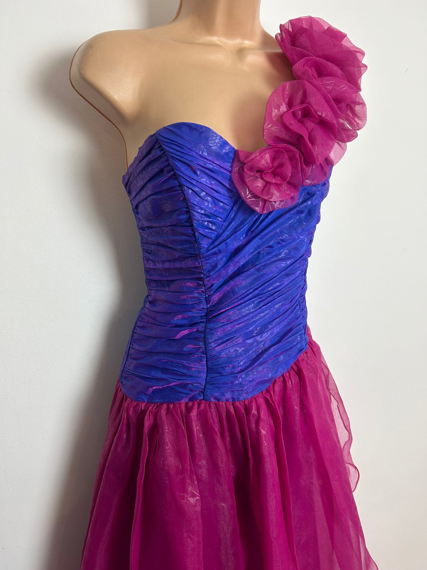 Vintage Extreme 1980s JAHN & PILL Size 10 Pink & Purple One Shoulder Party Prom Occasion Maxi Dress