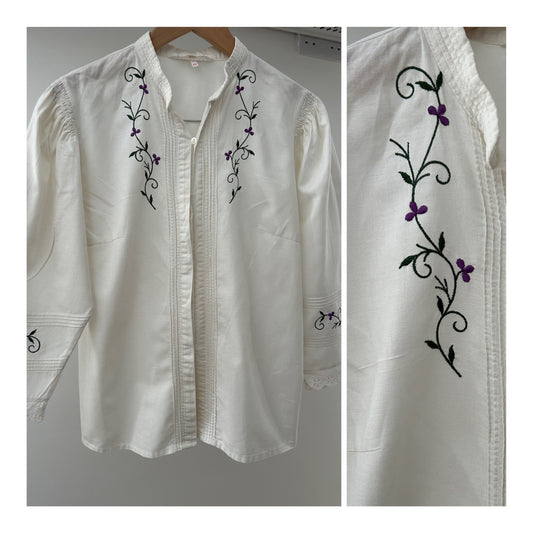 Vintage UK Size 14 Cream Cotton Floral Embroidered Lace Trim Traditional Trachten Folk Blouse