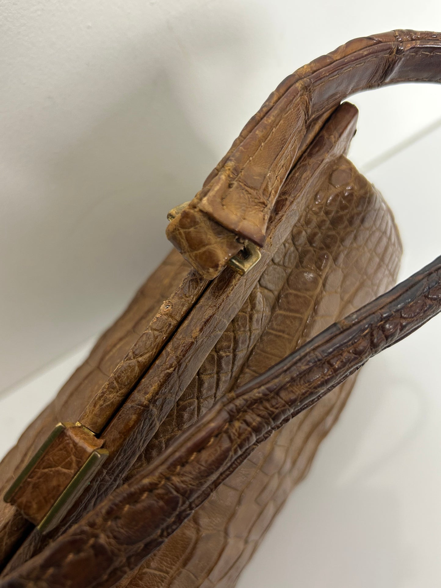 Vintage 1960s Dark Tan Brown Crocodile Leather Kelly Style Handbag