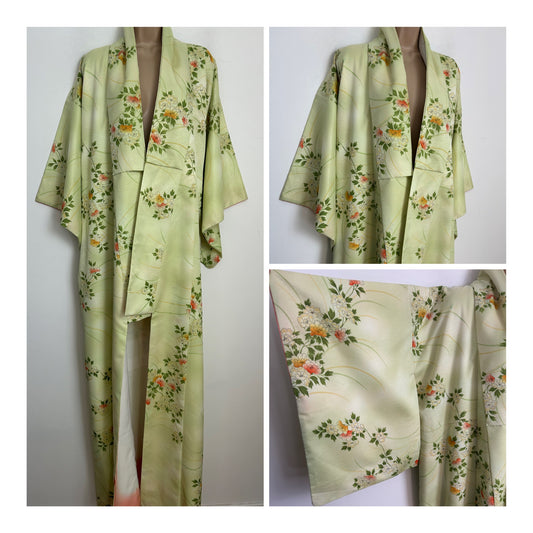 Vintage Traditional Authentic Up To Size 16 Beautiful Pale Green & Orange Floral Print Japanese Kimono