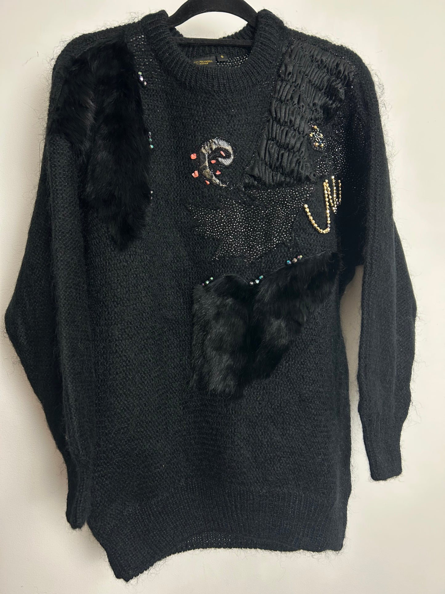 Vintage 1980s Up To Size 14 Black Fur Chain & Bead Applique Detail Slouchy Mohair Mix Jumper