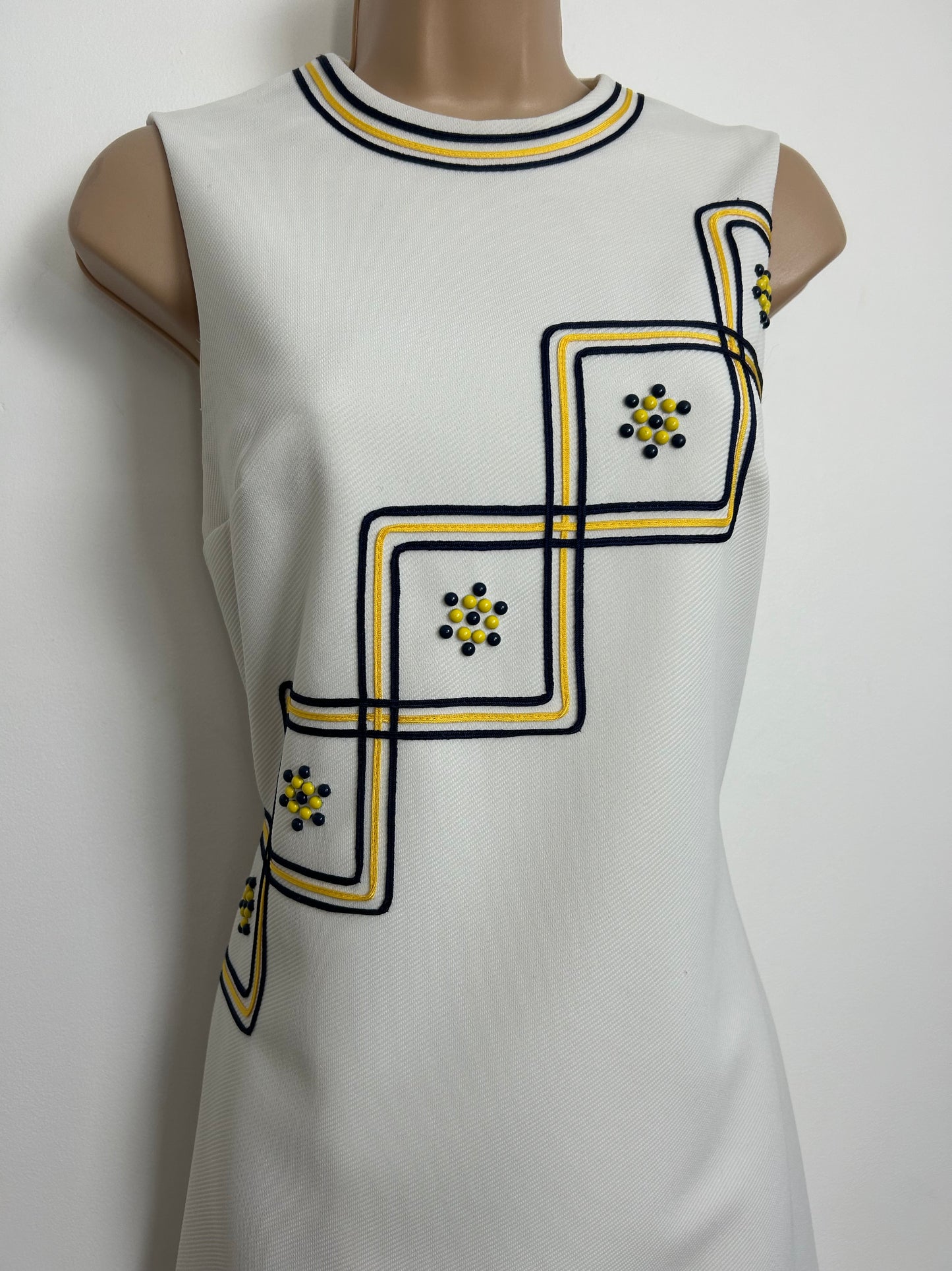 Vintage 1960s Size 8 White Navy Blue & Yellow Braid & Bead Embellishment Mini Mod Scooter Shift Dress