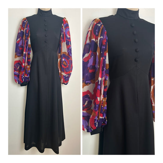 Vintage 1970s Size 8 Black White Purple Red & Brown Abstract Floral Print Long Balloon Sleeves Maxi Dress