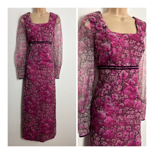 Vintage 1970s UK Size 8 Plum & Pink Tones Floral Print Long Sleeve Boho Maxi Dress