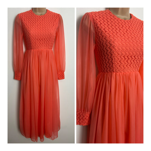 Vintage 1970s Size 6 Pretty Coral Orange Lace Bodice & Cuffs Gather Pleated Nylon Midi Dress