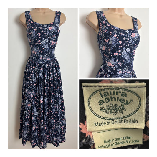 Vintage 1980s LAURA ASHLEY Size 8 (Size 12 On Label) Navy Pink & Grey Floral Print Cotton Midi Dress