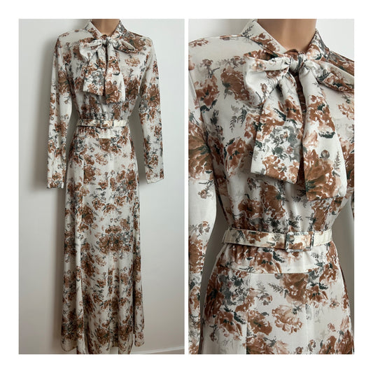 Vintage 1970s Size 10 White Brown & Grey Floral Print Long Sleeve Belted Pussy Bow Maxi Dress