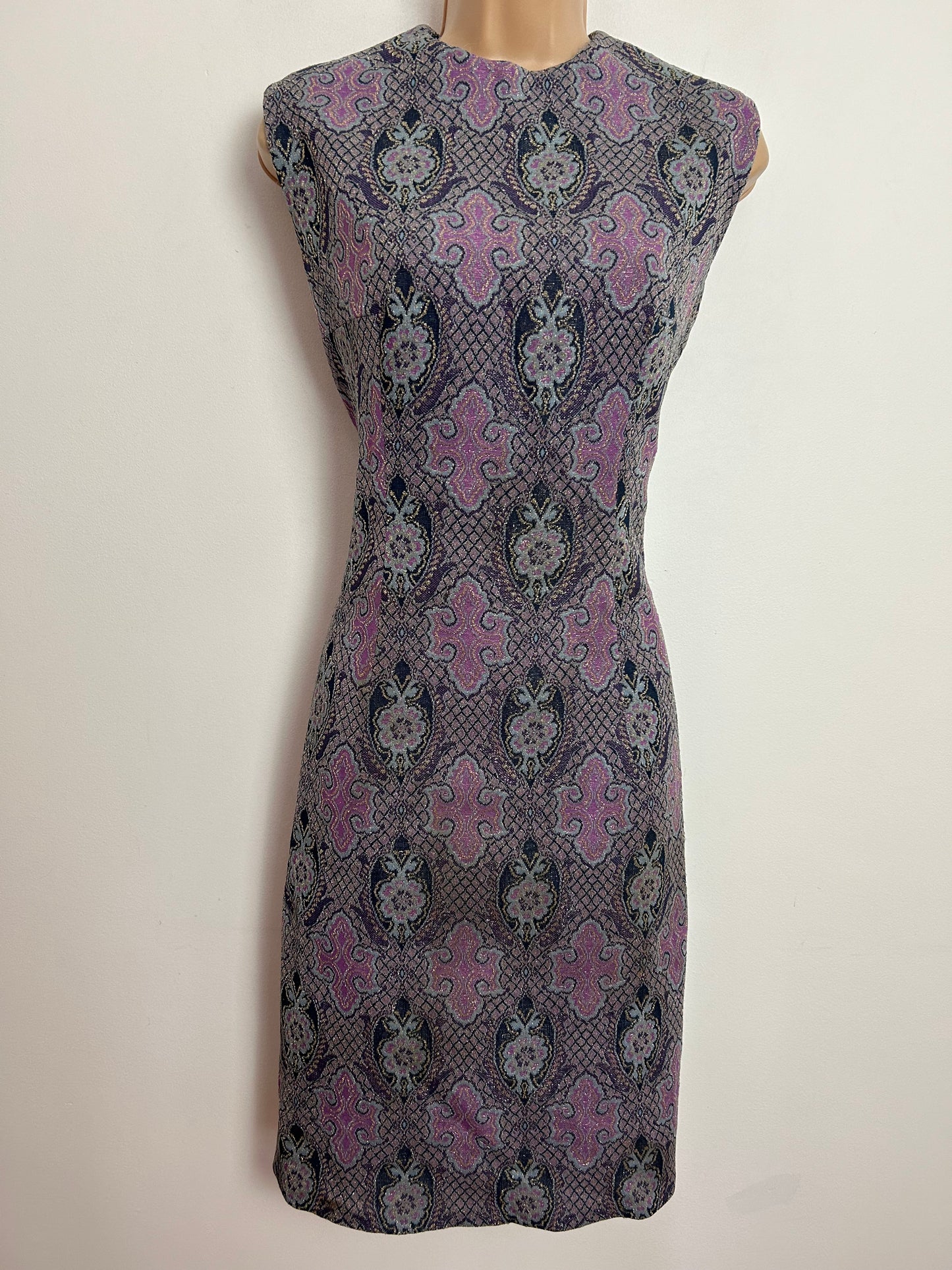 Vintage 1960s UK Size 12 Dark Blue Dark Pink & Gold Lurex Abstract Print Party Occasion Mod Shift Dress