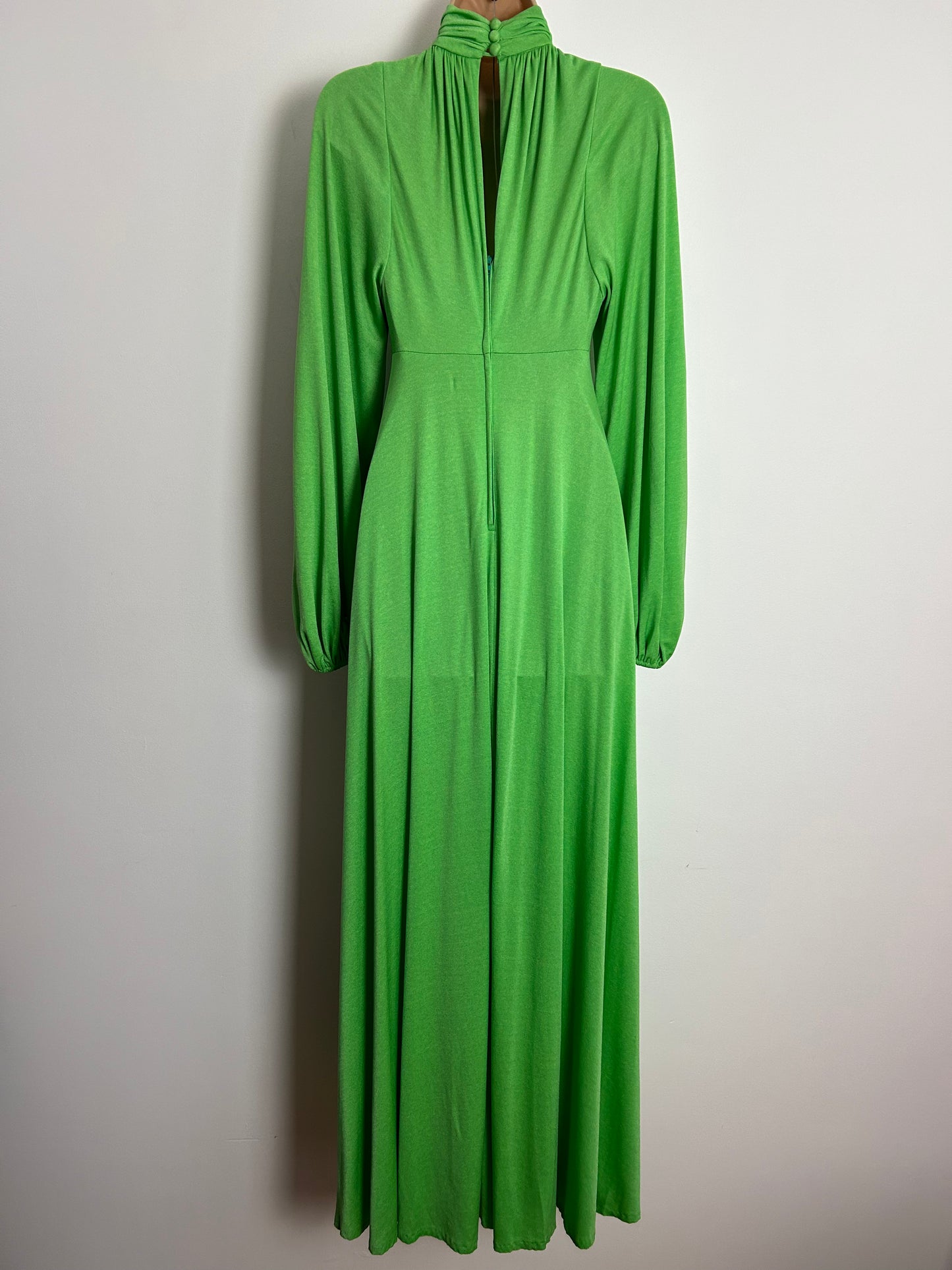 Vintage 1970s UK Size 6 Lime Green High Neck Long Balloon Sleeve Boho Maxi Dress